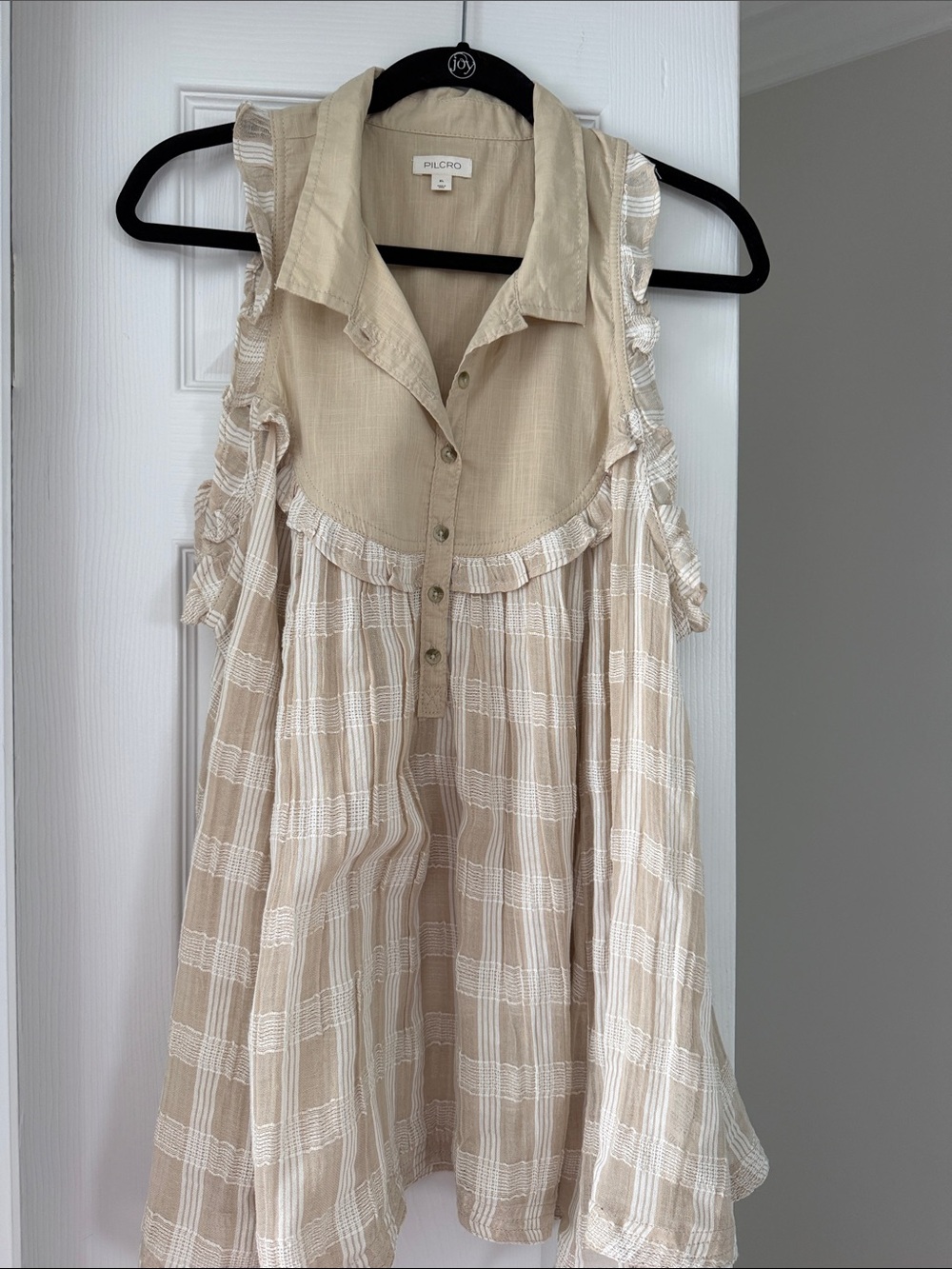Pilcro Cream and Beige Ruffle-Trim Sleeveless Tunic
